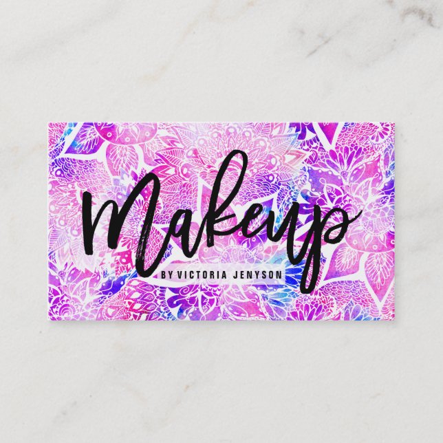 Purple blue henna boho floral mandala Makeup Business Card (Front)