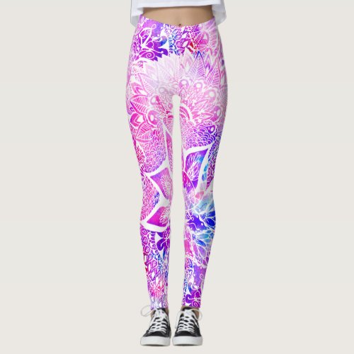 Purple blue henna boho floral mandala pattern leggings