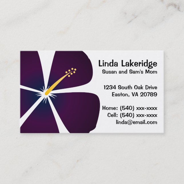 Purple / Blue Hibiscus Flowers Mommy Contact Card (Front)