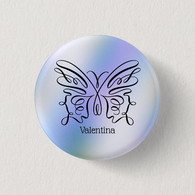 Purple Blue Holographic Butterfly Monogram Name Button (Front)
