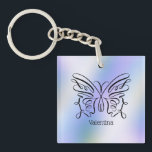 Purple Blue Holographic Butterfly Monogram Name Keychain<br><div class="desc">An elegant black ink open butterfly on a purple blue holographic background. Your name is written below in a playful font.</div>