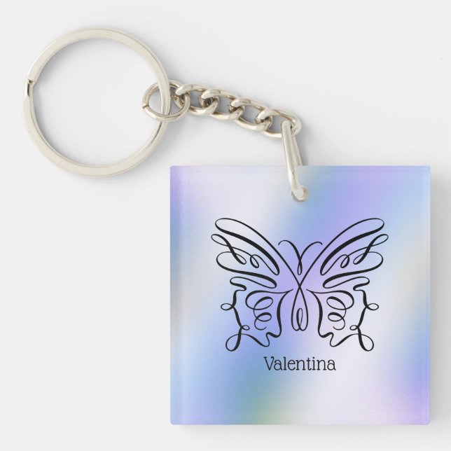 Purple Blue Holographic Butterfly Monogram Name Keychain (Front)