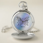 Purple Blue Holographic Butterfly Monogram Name Pocket Watch<br><div class="desc">An elegant black ink open butterfly on a purple blue holographic background. Your name is written below in a playful font.</div>