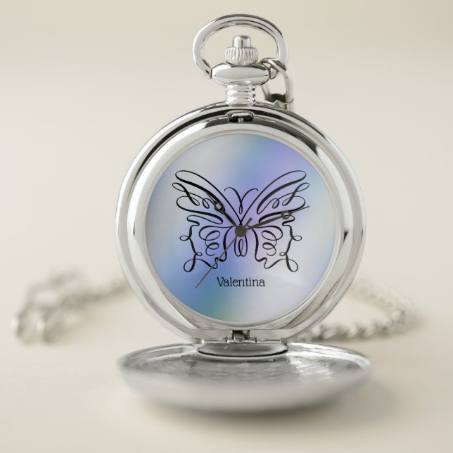 Purple Blue Holographic Butterfly Monogram Name Pocket Watch (Inside)