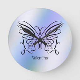 Purple Blue Holographic Butterfly Monogram Name  Round Clock
