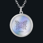Purple Blue Holographic Butterfly Monogram Name  Silver Plated Necklace<br><div class="desc">An elegant black ink open butterfly on a purple blue holographic background. Your name is written below in a playful font.</div>