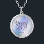 Purple Blue Holographic Butterfly Monogram Name  Silver Plated Necklace<br><div class="desc">An elegant black ink open butterfly on a purple blue holographic background. Your name is written below in a playful font.</div>
