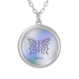 Purple Blue Holographic Butterfly Monogram Name  Silver Plated Necklace