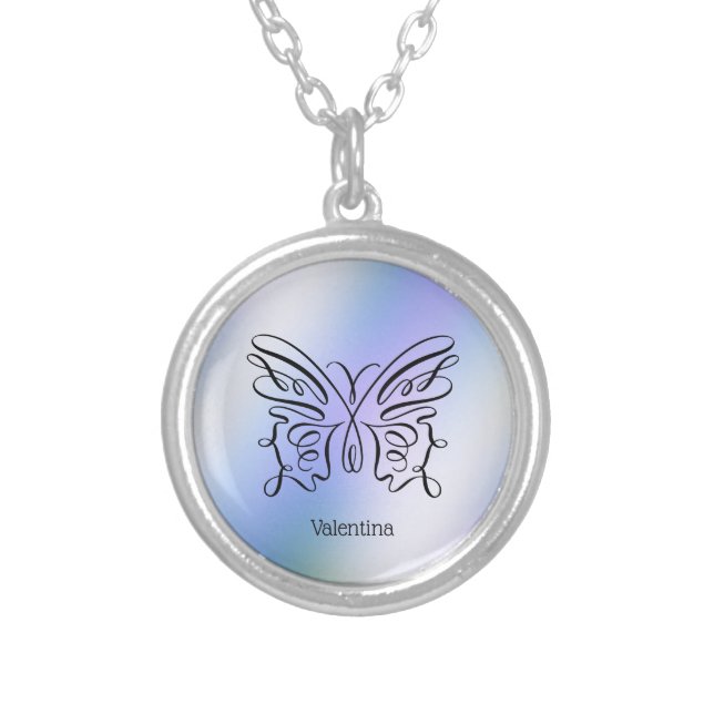 Purple Blue Holographic Butterfly Monogram Name  Silver Plated Necklace (Front)