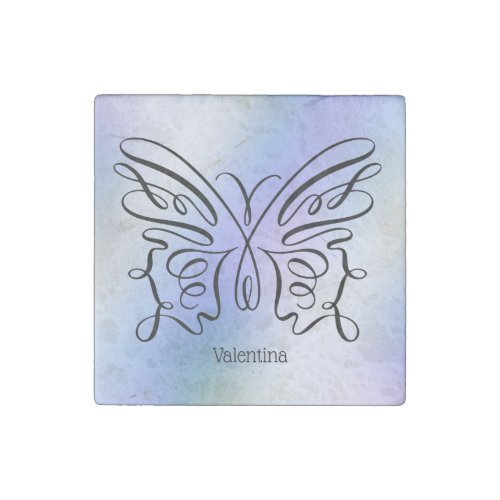 Purple Blue Holographic Butterfly Monogram Name Stone Magnet