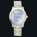 Purple Blue Holographic Butterfly Monogram Name  Watch<br><div class="desc">An elegant black ink open butterfly on a purple blue holographic background. Your name is written below in a playful font.</div>