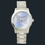 Purple Blue Holographic Butterfly Monogram Name  Watch<br><div class="desc">An elegant black ink open butterfly on a purple blue holographic background. Your name is written below in a playful font.</div>