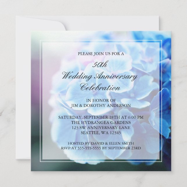 Purple Blue Hydrangea 50th Wedding Anniversary Invitation (Front)