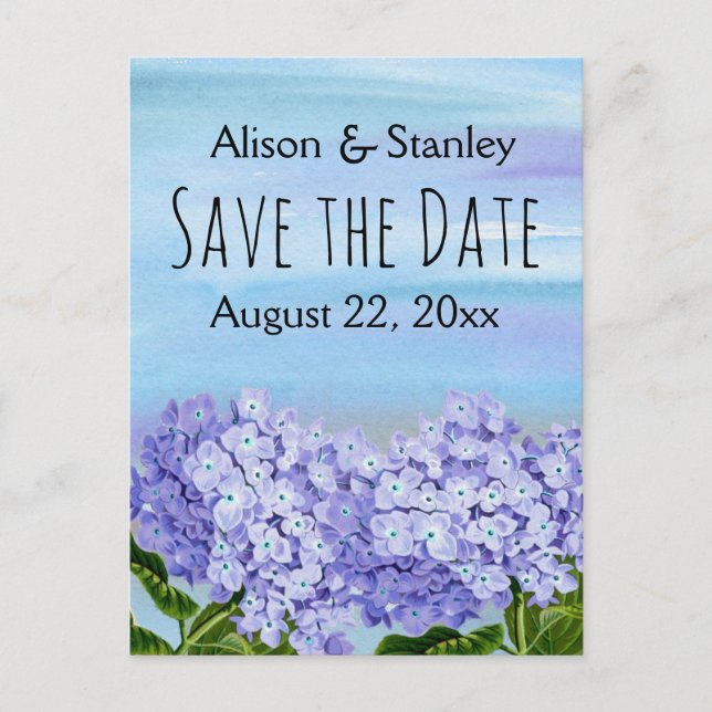 Purple blue hydrangea floral wedding Save the Date Announcement Postcard (Front)