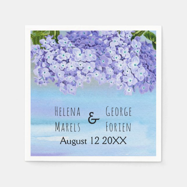 Purple blue hydrangea watercolor floral wedding napkins (Front)