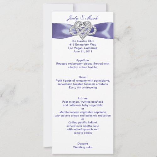 Purple Blue Infinity Heart Wedding Menu Card