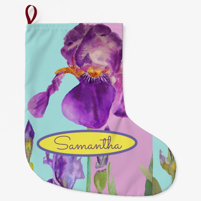 Purple Blue Iris Irises Floral Christmas Stocking (Front)