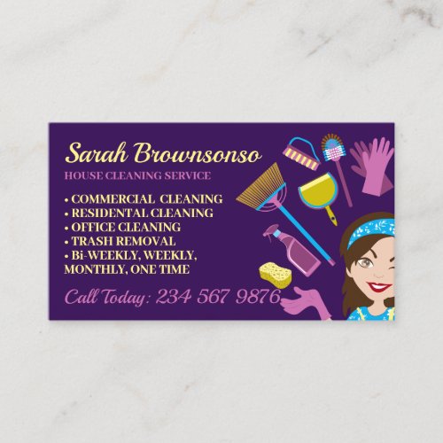 Purple Blue Janitorial Lady Cartoon Girl Cleaning Business Card