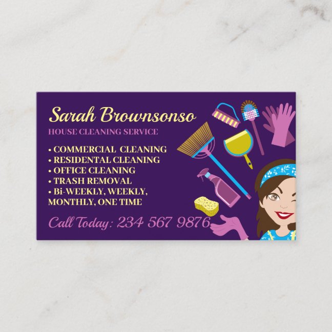 Purple Blue Janitorial Lady Cartoon Girl Cleaning Business Card