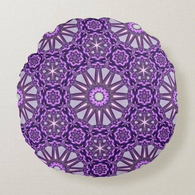 Purple Blue Kaleidoscope Pinwheel Mandala Pattern Round Pillow (Front)