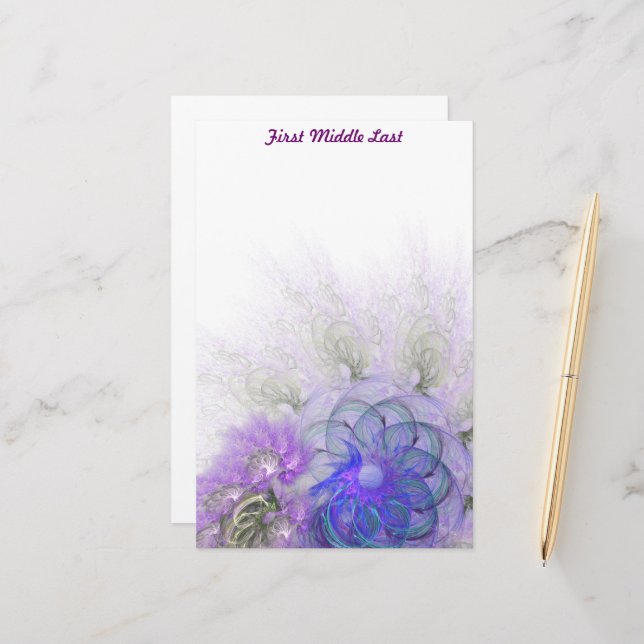 Purple Blue Lacy Abstract Flower Personalized Stationery (Front/Back In Situ)