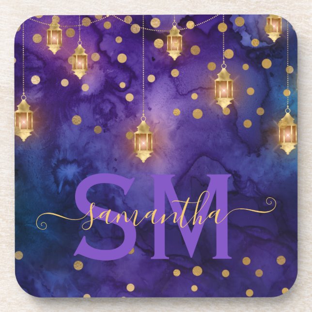 Purple & Blue Lantern Glow Monogram Beverage Coaster (Front)