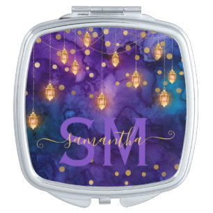 Purple & Blue Lantern Glow Monogram Compact Mirror