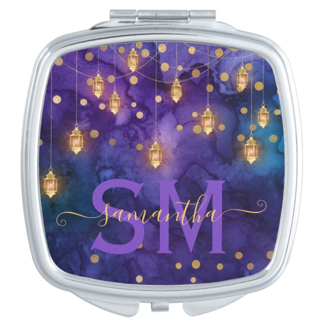 Purple & Blue Lantern Glow Monogram Compact Mirror (Front)