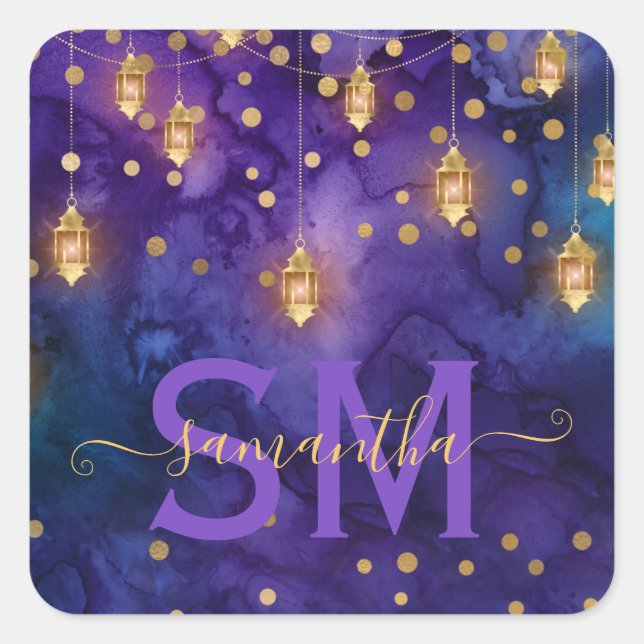 Purple & Blue Lantern Glow Monogram Square Sticker (Front)