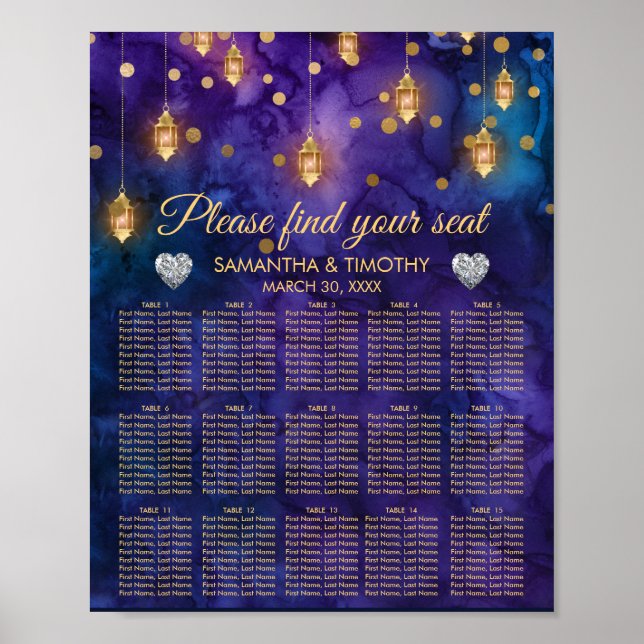Purple Blue Lanterns & Bokeh Wedding Seating Chart (Front)