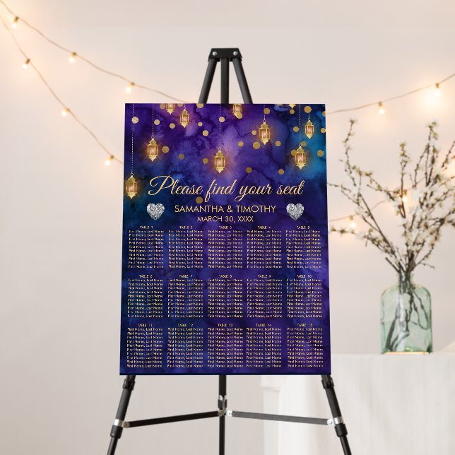 Purple Blue Lanterns & Bokeh Wedding Seating Chart Foam Board (In Situ (Stand))