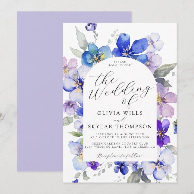 Purple Blue Lavender Mauve Navy Flower Wedding Invitation (Front/Back)