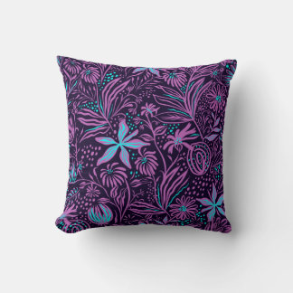 Purple & Blue Leaves & Flowers - Throw Pillow