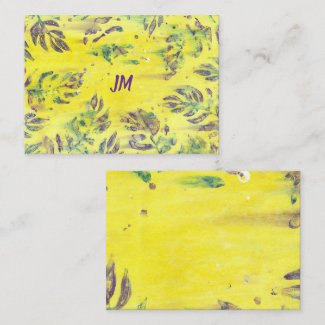 Purple Blue Leaves Monogram on Yellow Note Cards