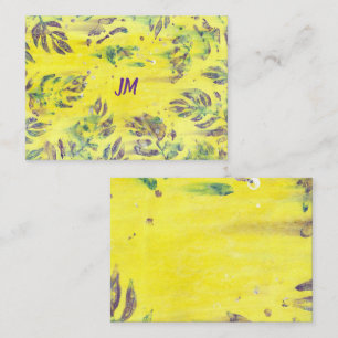 Purple Blue Leaves Monogram on Yellow Note Cards