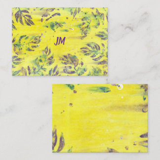 Purple Blue Leaves Monogram on Yellow Note Cards