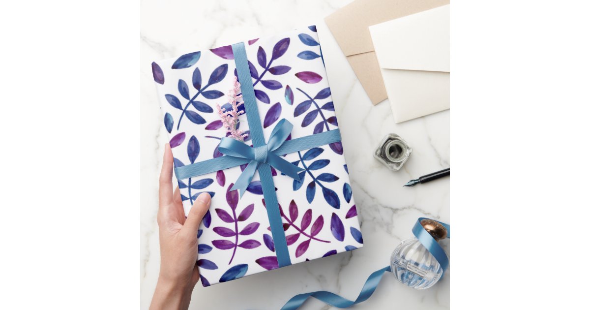 Purple blue leaves. Watercolor floral pattern Wrapping Paper | Zazzle