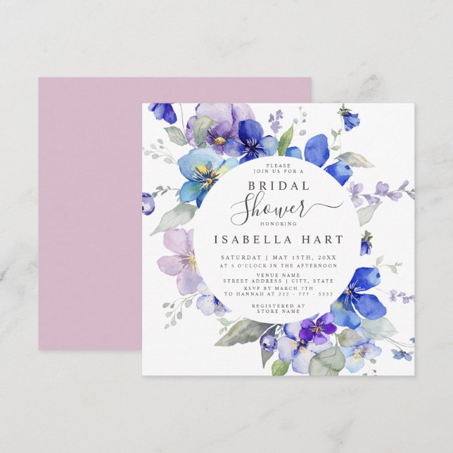 Purple Blue Lilac Spring Floral Bridal Shower Invitation (Front/Back)