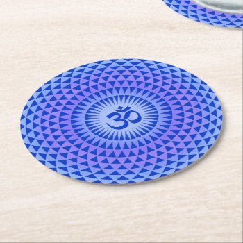 Purple Blue Lotus Flower Meditation Wheel Om Round Paper Coaster by mystic_persia at Zazzle