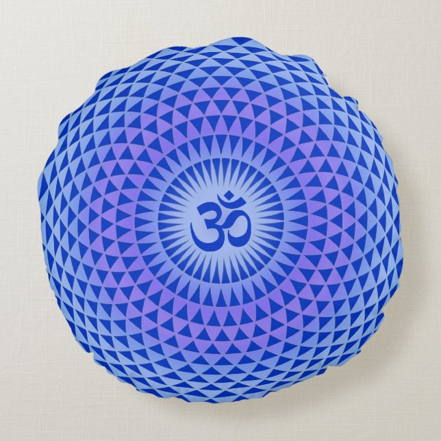 Purple Blue Lotus flower meditation wheel OM Round Pillow (Back)