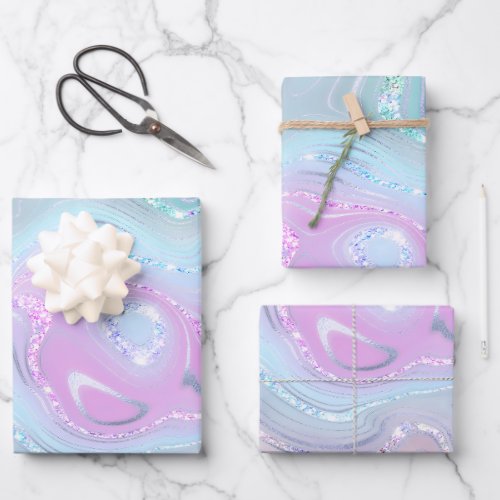 Purple Blue Marble Agate Glitter Wrapping Paper Sheets