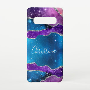Purple, Blue Marbled Galaxy Agate & Silver Glitter Samsung Galaxy S10 Case