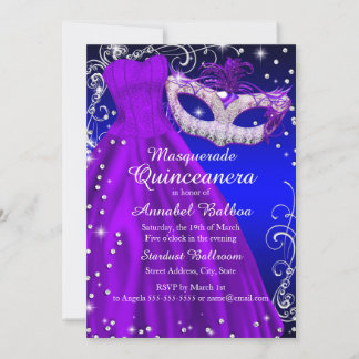 Purple Blue Mask & Dress Masquerade Quinceanera Invitation