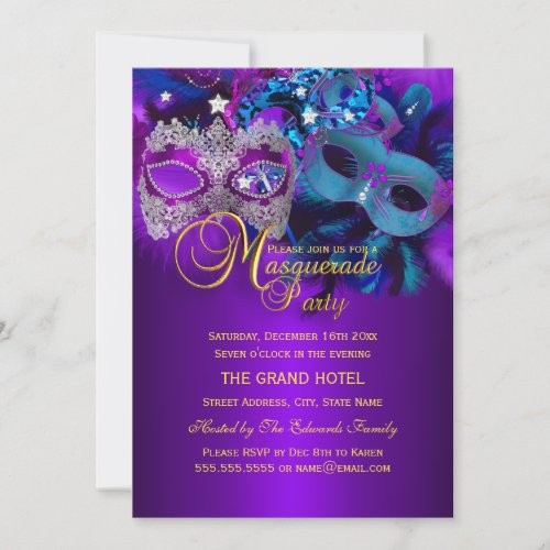 Purple  Blue Masks Masquerade Party Invite