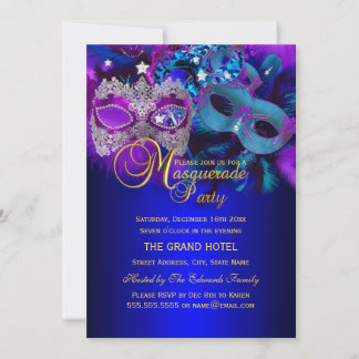 Purple & Blue Masks Masquerade Party Invite