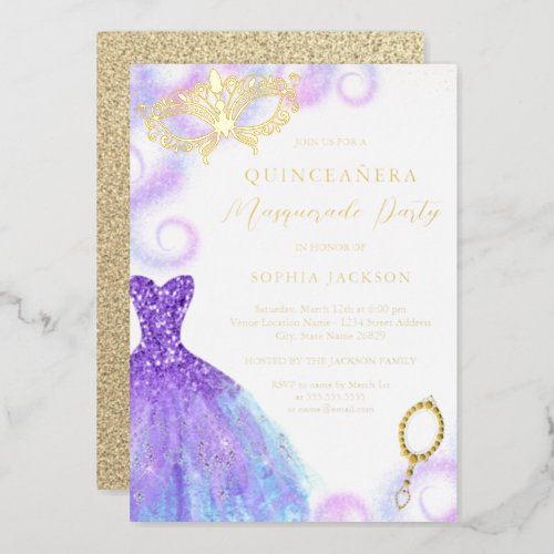 Purple Blue Masquerade Party Dress Quinceanera  Foil Invitation