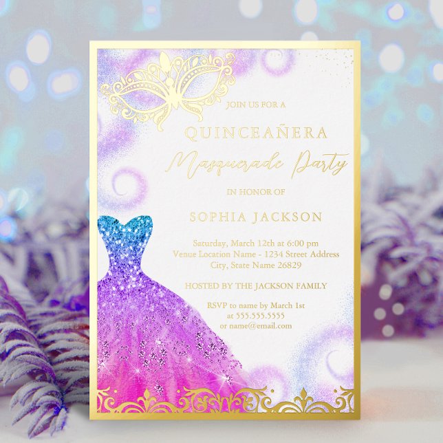 Purple Blue Masquerade Party Dress Quinceanera  Foil Invitation (Creator Uploaded)