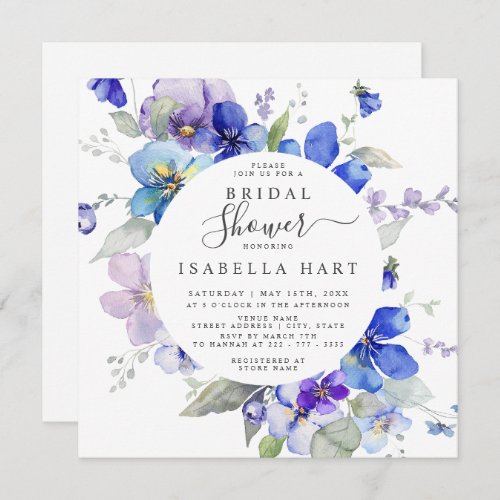 Purple Blue MauveViola Spring Floral Bridal Shower Invitation