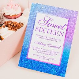 Purple blue mermaid glitter blue teal Sweet 16 Invitation