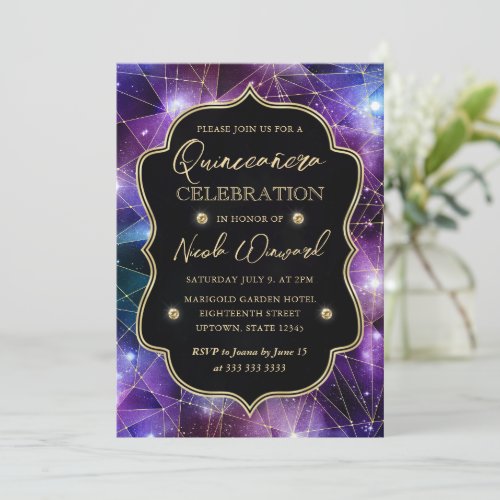 Purple  Blue Midnight Crystal Galaxy Quinceanera Invitation